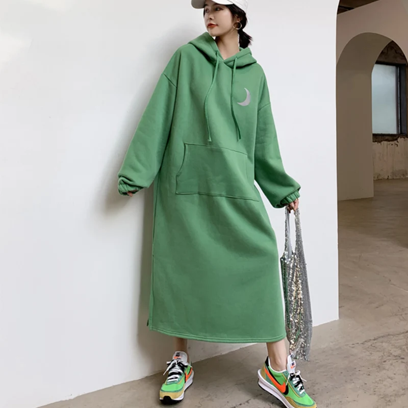 Autumn Winter Casual Dress Women Long Sleeve Loose Sweatshirt Pullover Dress Shiny Moon Black Green Hooded Dress Robe Femme
Autumn Winter Casual Dress Women Long Sleeve Loose Sweatshirt Pullover Dress Shiny Moon Black Green Hooded Dress Robe Femme