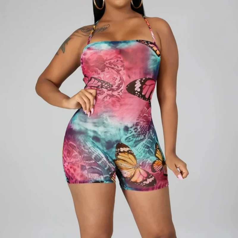 

Women Strapless Romper Fitness Nightwear Bodycon Playsuit Off shoulder Butterflies Pattern Lace-up Bandage Sling Straps Jumpsuit