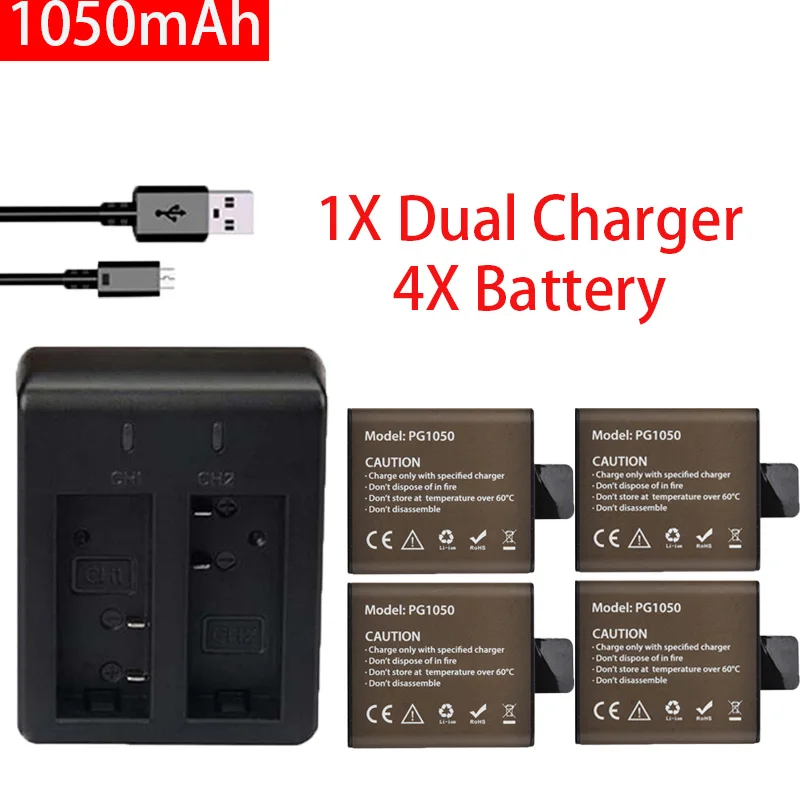 4Pcs 3.7V 1050mAh PG1050 Action Camera Battery + Dual Charger For EKEN H9 H9R H3 H3R H8PRO H8R SJ4000 SJCAM SJ5000 M10 batteries
4Pcs 3.7V 1050mAh PG1050 Action Camera Battery + Dual Charger For EKEN H9 H9R H3 H3R H8PRO H8R SJ4000 SJCAM SJ5000 M10 batteries