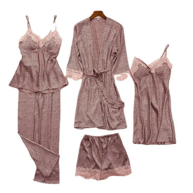 Lace Sleep Set Green Leopard 5PCS Sleepwear Intimate Lingerie Satin Lady Pajamas Suit Spring New Nightwear Casual Home Clothing
Lace Sleep Set Green Leopard 5PCS Sleepwear Intimate Lingerie Satin Lady Pajamas Suit Spring New Nightwear Casual Home Clothing