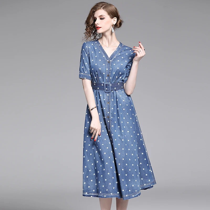 2021 New Summer High Quality Fashion V-Neck Star Print Thin Tencel Mid-Length Denim Skirt Bohemia-Style Large-Size Cotton Dress
2021 New Summer High Quality Fashion V-Neck Star Print Thin Tencel Mid-Length Denim Skirt Bohemia-Style Large-Size Cotton Dress