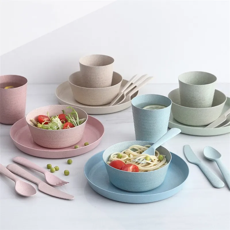 

4pcs Portable Reusable Household Dishware Set Kids Adult Spoon Fork Cup Salad Soup Bowl Plate Wheat Straw Kitchen Tableware Set