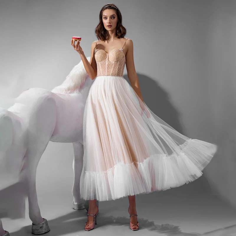 

2022 Simple New Design Sweetheart Sash Spaghetti Straps Tea-Length A-Line Tulle Prom Dress Evening Gown vestido formatura longo