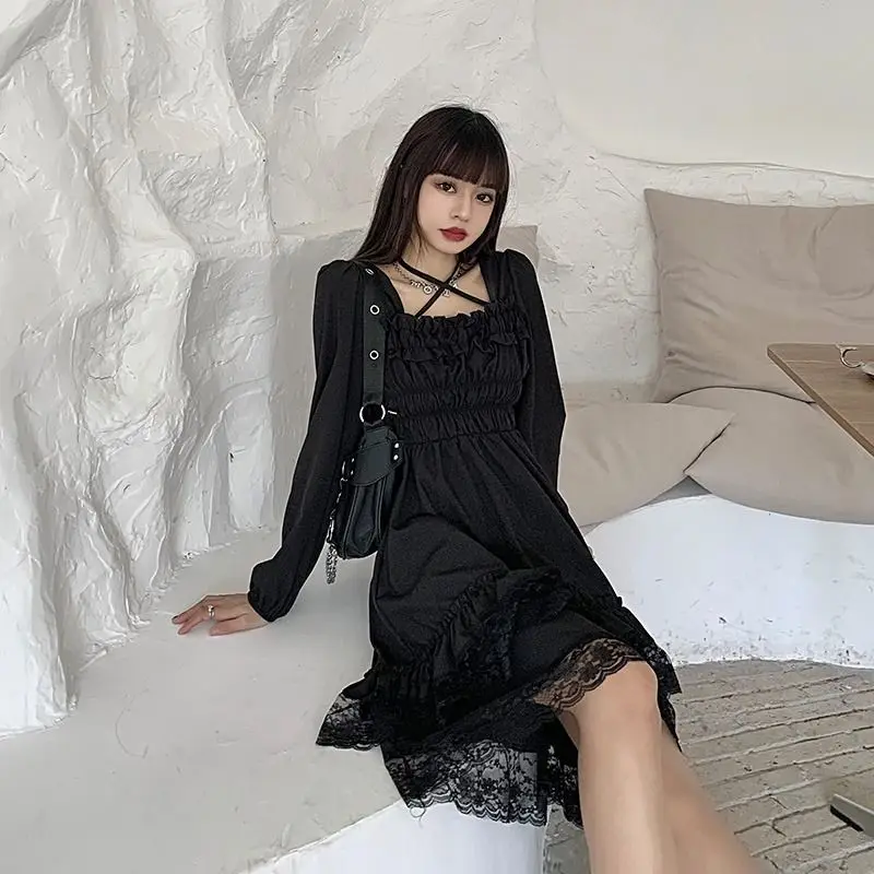 New Gothic Women Black Fairy Party Dress Cross Square Collar Cute Lace Ruffles Chic Dress Spring Summer Dress
New Gothic Women Black Fairy Party Dress Cross Square Collar Cute Lace Ruffles Chic Dress Spring Summer Dress