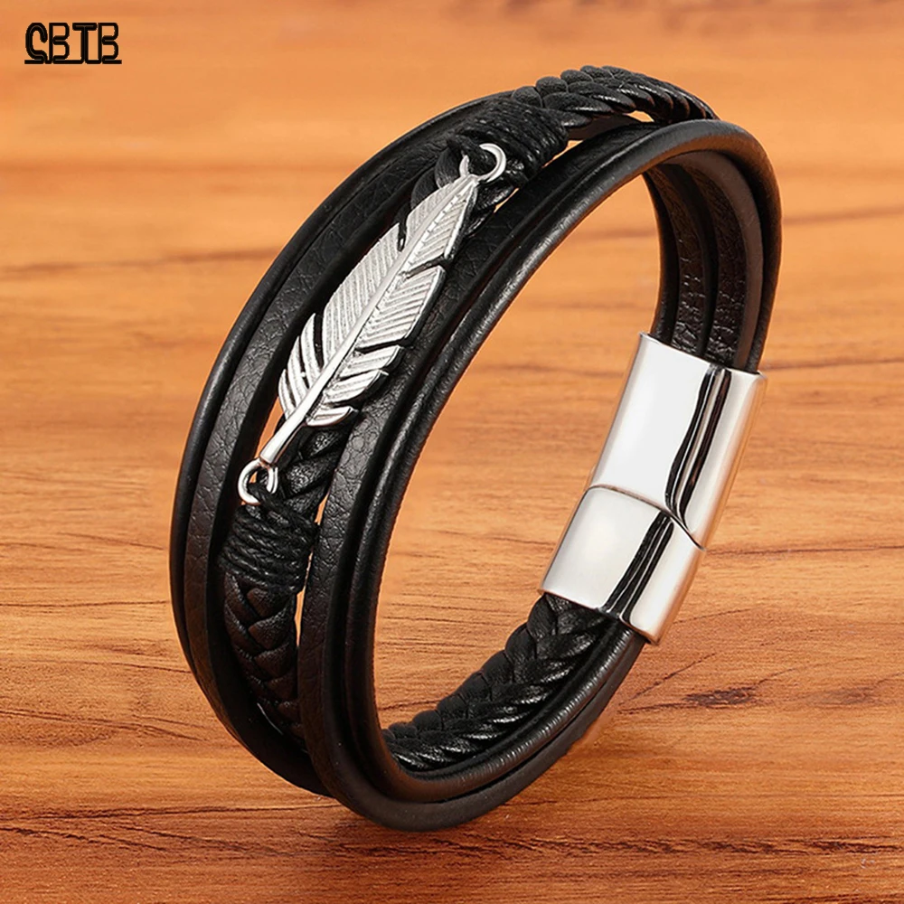 Stainless Steel Feather Bracelet Multilayer Leather Buddha Bracelet Gothic Charm Bracelet for Men Accessories Rock Prom Jewelry
Stainless Steel Feather Bracelet Multilayer Leather Buddha Bracelet Gothic Charm Bracelet for Men Accessories Rock Prom Jewelry