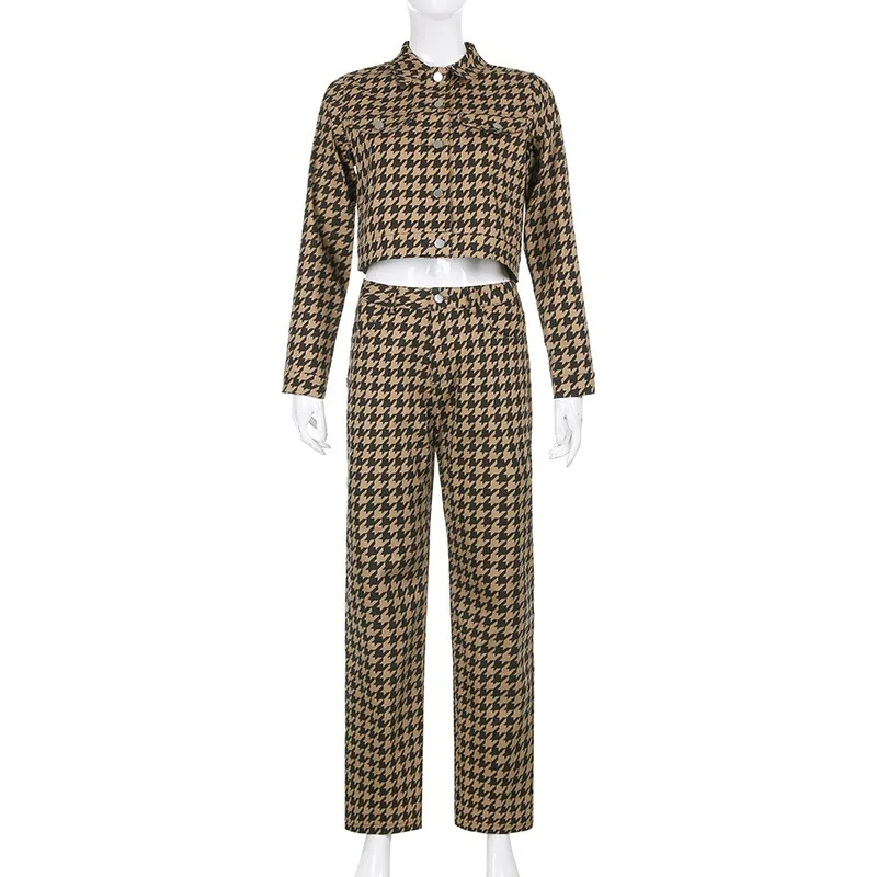 Vintage Houndstooth Tracksuits Women's Stragiht Pants And Cropped Jacket Fashion 2021 Y2k Two Piece Set Winter Female Outfits 
Vintage Houndstooth Tracksuits Women's Stragiht Pants And Cropped Jacket Fashion 2021 Y2k Two Piece Set Winter Female Outfits