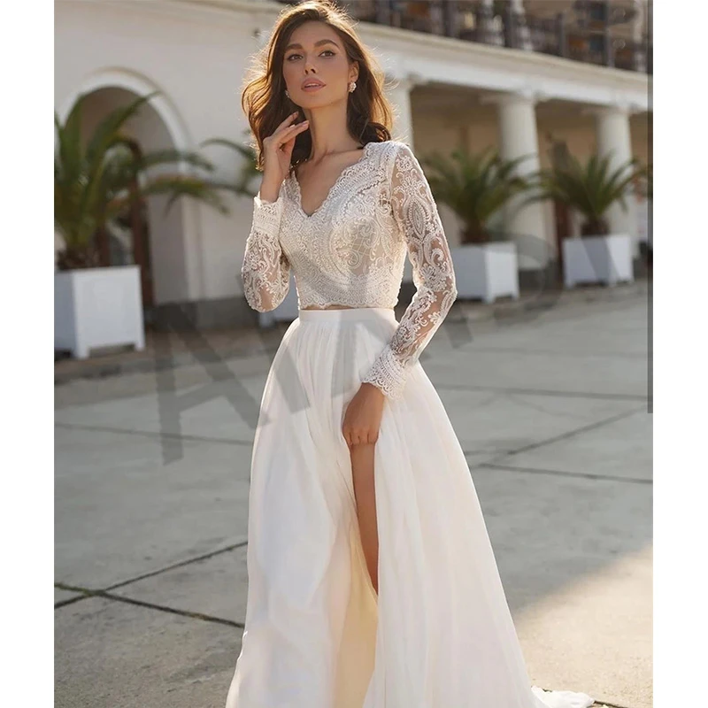 Jasmine Wedding Dress Two Piece A-Line Deep V Neck Full Sleeve Bride Vestido Lace Slit Chiffon A-Line Luxury Robe de mariee
Jasmine Wedding Dress Two Piece A-Line Deep V Neck Full Sleeve Bride Vestido Lace Slit Chiffon A-Line Luxury Robe de mariee