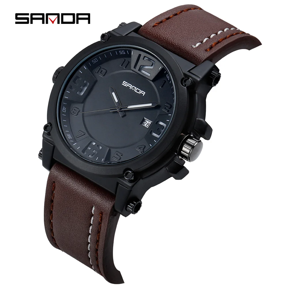 Fashion Sanda Top Brand 2020 New Luxury Men's Military Waterproof Leather Sport Quartz Watches Busines Date Casual Clock | Наручные