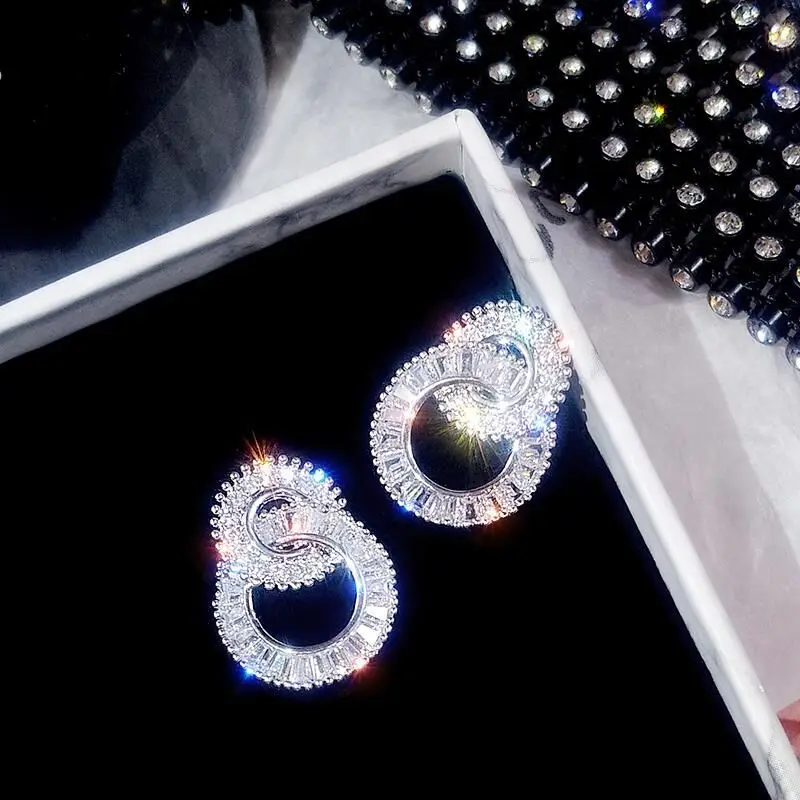 S925 стерлингового серебра Цвет круглый милый Bling CZ камень циркон серьги со