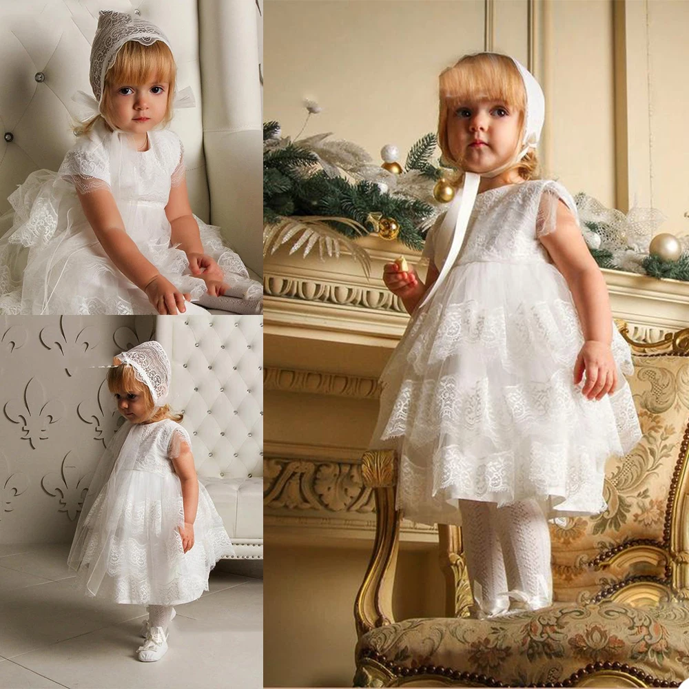 

2021 Cute Baby Christening Gowns For Toddler Little Girls Short Sleeve Appliques Baptism Dresses With Bonnet First Communication