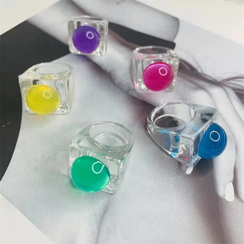 Exaggeration Candy Color Geometric Square Round Resin Ring Fashion Transparent Glass Bead Colorful Acrylic Finger Ring For Women
Exaggeration Candy Color Geometric Square Round Resin Ring Fashion Transparent Glass Bead Colorful Acrylic Finger Ring For Women