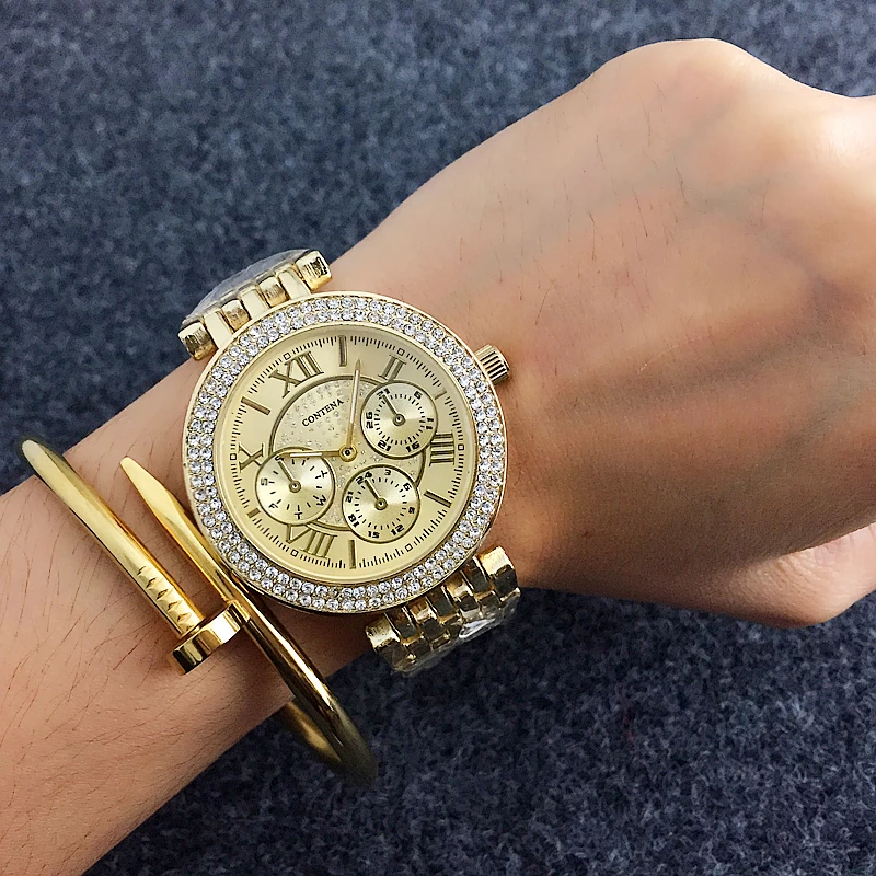 Роскошные женские часы CONTENA стразы модные золотые полностью стальные | Наручные