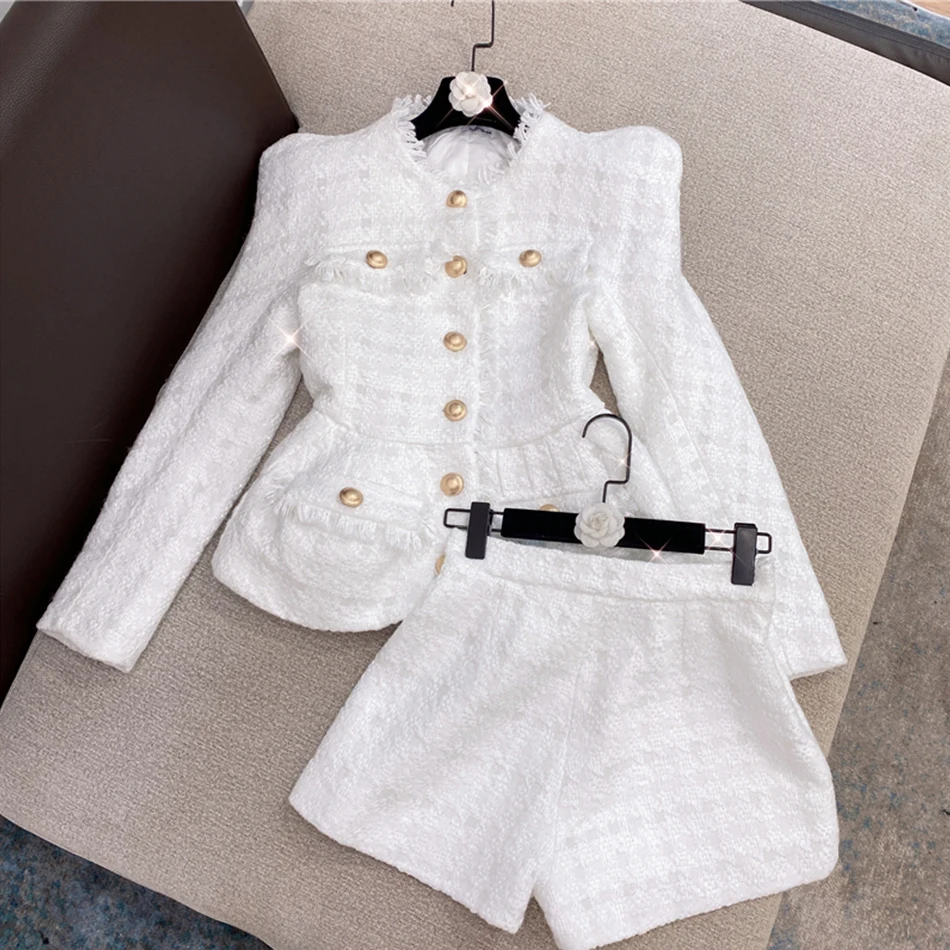 

Elegant White Tweed Women Set Single-breasted Fringed Jacket & High Waist Shorts Suit Fashion Celebrity Party Sets 2021 Fall New