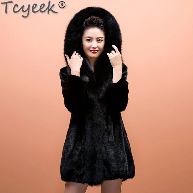 

Женское меховое пальто Tcyeek, высококачественные шубы из натурального меха норки, женская зимняя теплая куртка с капюшоном и воротником из ли...