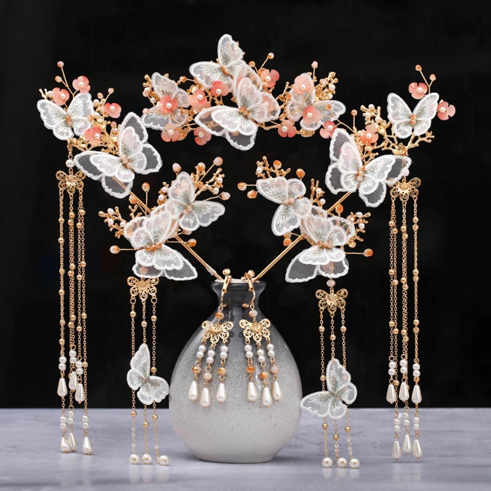 

Chinese Hanfu Headdress Women's Ancient Style Tassel Stage Shaking Gold Butterfly Hairpin Bride Pearl Tassel Hair Accessory Set