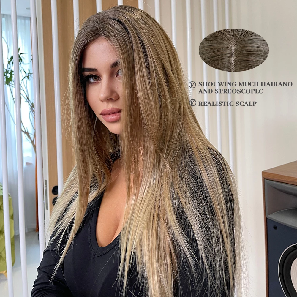 Long Straight Hair Brown Ombre Blonde Front Lace Women Wig Cosplay Natural Wigs Middle Part Heat Resistant Synthetic | Шиньоны и парики