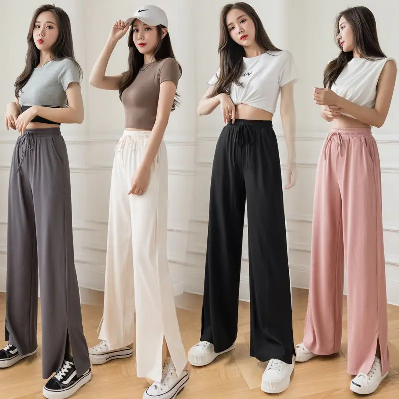 2021 new summer ice silk wide leg pants with high waist and thin appearance, loose and thin leisure pants for women 
2021 new summer ice silk wide leg pants with high waist and thin appearance, loose and thin leisure pants for women