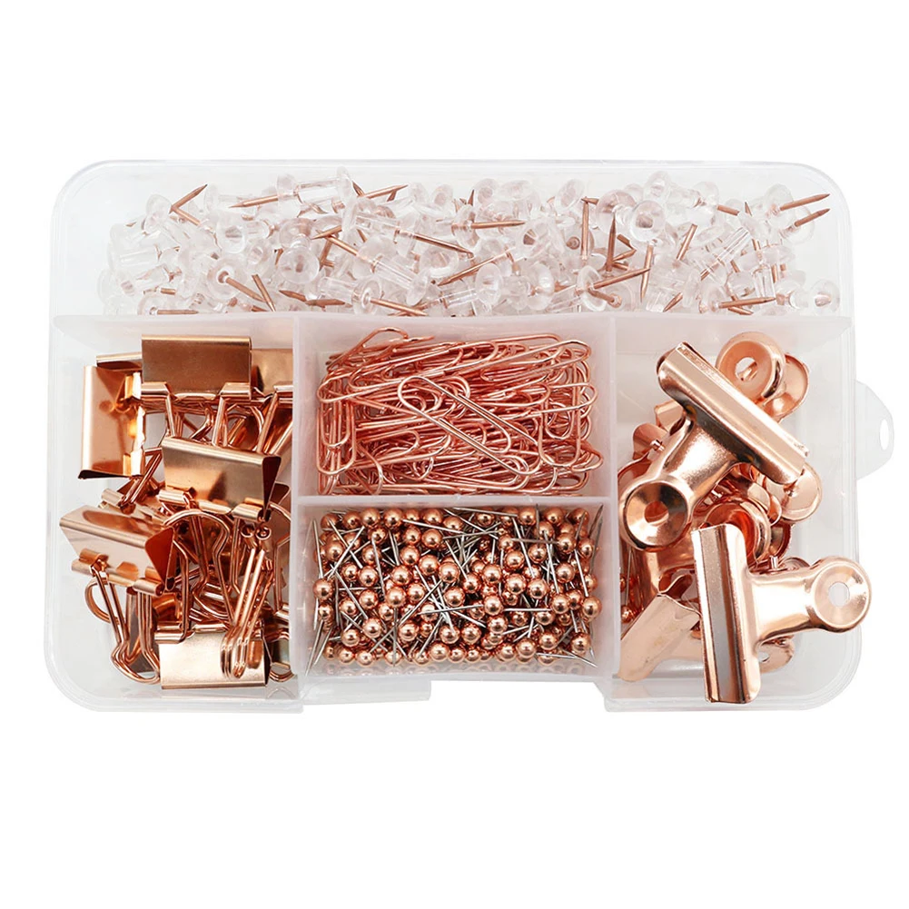 500PCS Rose Gold Office Stationery Set Push Pins Paper Head Binder Clips Round Head Pins Bulldog Clips With Push Pins Clips
500PCS Rose Gold Office Stationery Set Push Pins Paper Head Binder Clips Round Head Pins Bulldog Clips With Push Pins Clips