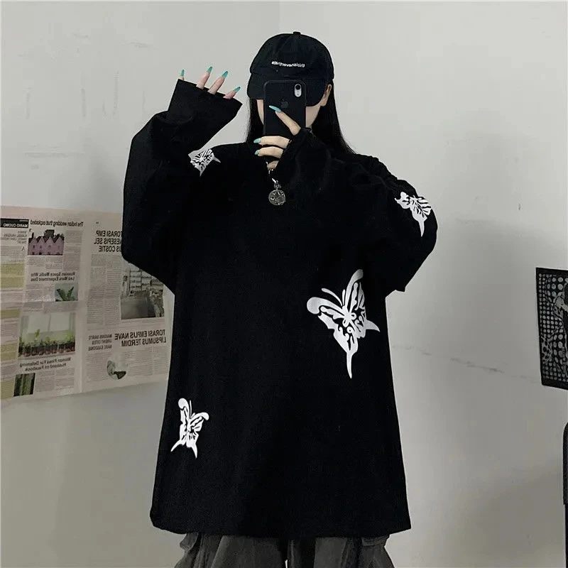 High street solid color long-sleeved t-shirt female Harajuku garbage punk Korean loose wild round neck butterfly print top Y2K
High street solid color long-sleeved t-shirt female Harajuku garbage punk Korean loose wild round neck butterfly print top Y2K