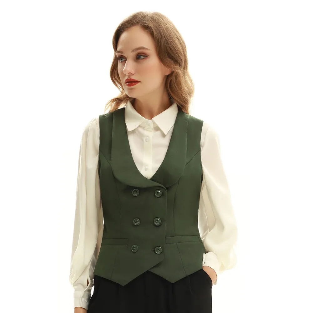 Women's Vintage Double Breasted Tank Top Solid Deep V Neck Sleeveless Jacket Curved Lapel Casual Formal Office Lady Coat
Women's Vintage Double Breasted Tank Top Solid Deep V Neck Sleeveless Jacket Curved Lapel Casual Formal Office Lady Coat