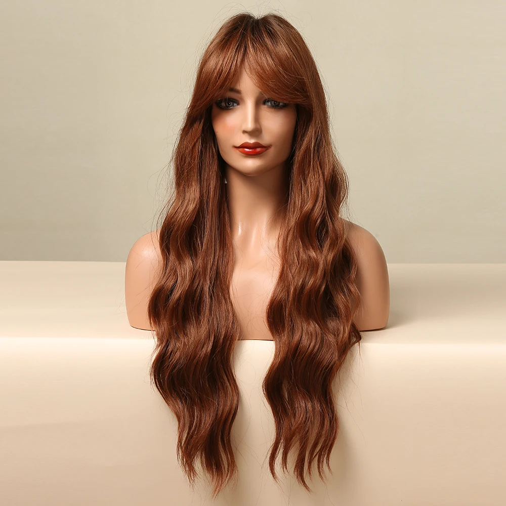 

GEMMA Long Water Wave Synthetic Wigs Omber Brown Red Copper Wig with Bangs for Women Afro Cosplay Daily Heat Resistant Fiber