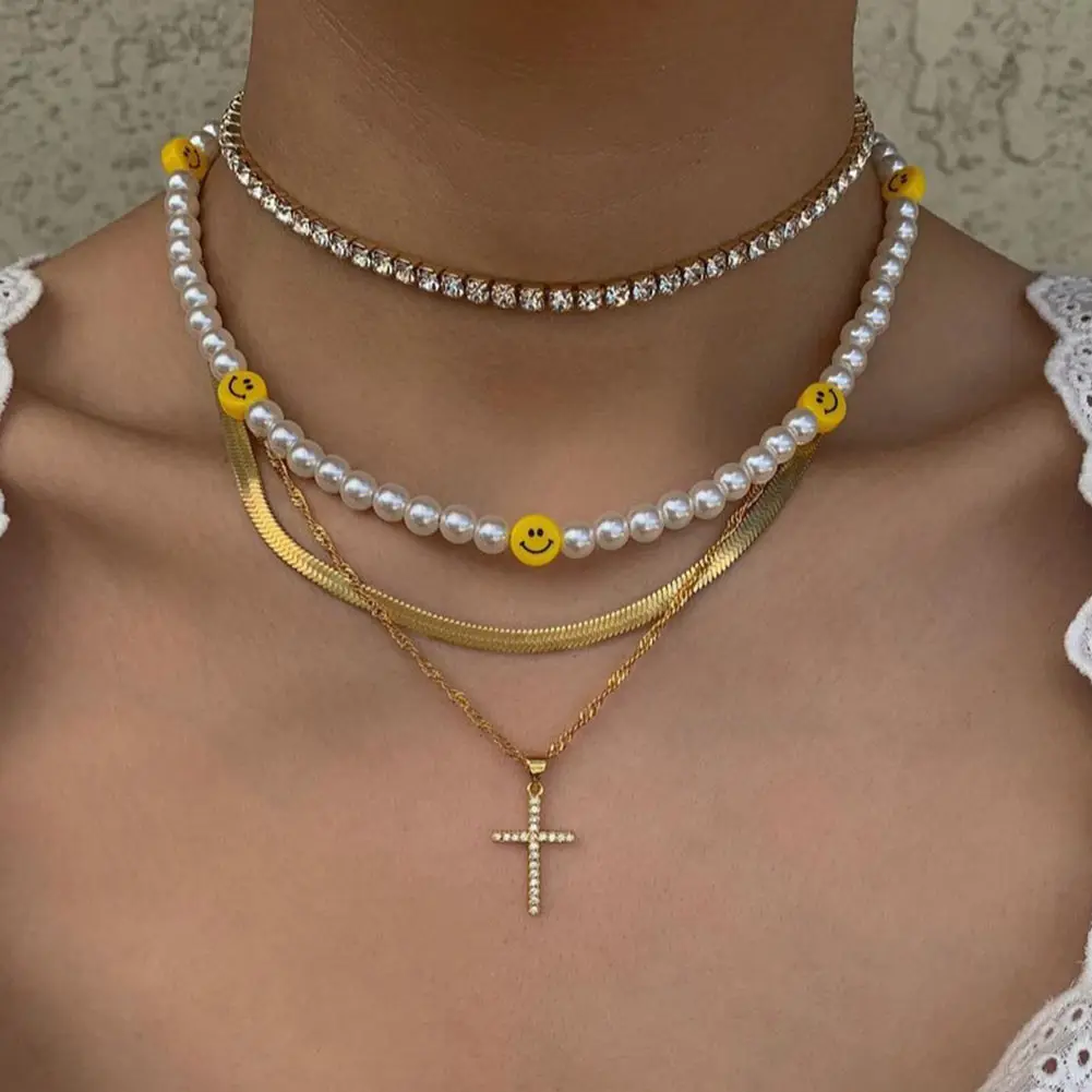 Handmade White Pearl Cross Smiley Beaded Necklace For Women Jewelry Gift Bulk Rhinestone Snake Chain Multilayer Bead Necklaces
Handmade White Pearl Cross Smiley Beaded Necklace For Women Jewelry Gift Bulk Rhinestone Snake Chain Multilayer Bead Necklaces
