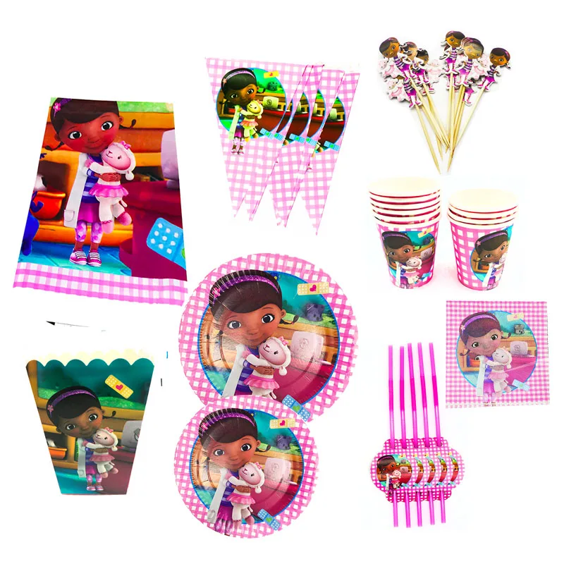 

93pcs Doc McStuffins Paper Plates Cups Napkins Banners Popcorn Box Tablecloths Straws Baby Shower Girls Birthday Party Supplies