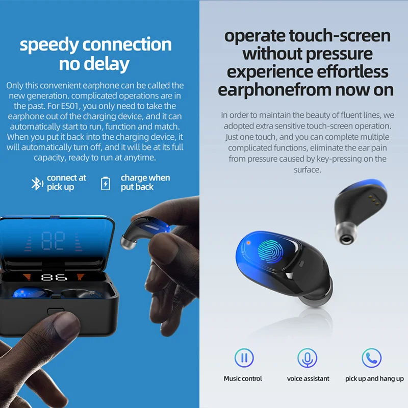 VAORLO ES01 TWS Earphones Bluetooth 5.0 Touch Waterproof 3D Stereo Wireless Sports Earbuds LED Power Display 2000mAh Headset | Электроника