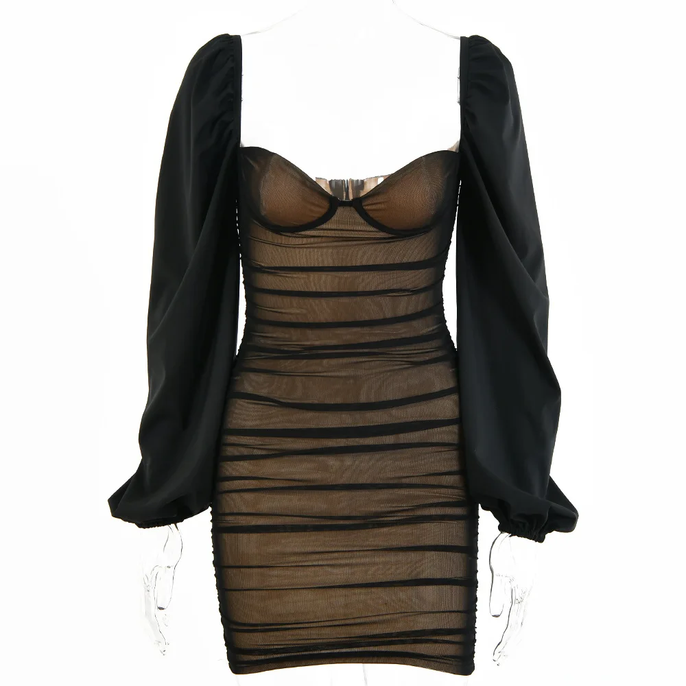 2021 Spring Double Layer Mesh Mini Dress Women Lantern Sleeve Ruched Bodycon Dress Clubwear Sexy Black Backless Vestido
2021 Spring Double Layer Mesh Mini Dress Women Lantern Sleeve Ruched Bodycon Dress Clubwear Sexy Black Backless Vestido