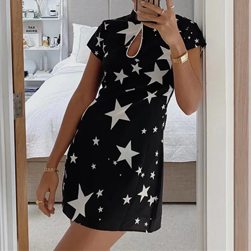 Star Letter Print Dress Women's Cheongsam-Style Drop-Shaped Hollow Out Short Sleeve Slim High Waist Mini Dress 2021New
Star Letter Print Dress Women's Cheongsam-Style Drop-Shaped Hollow Out Short Sleeve Slim High Waist Mini Dress 2021New