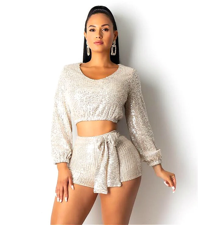 Bare waist belt movement dance Sequin Two Piece Set Women Sparkle Glitter V Neck Crop Top Shorts Autumn Sexy Bandage Puff Sleeve 
Bare waist belt movement dance Sequin Two Piece Set Women Sparkle Glitter V Neck Crop Top Shorts Autumn Sexy Bandage Puff Sleeve