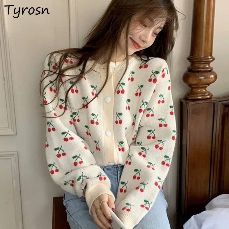 

Women Cardigans Tender O-neck Thicken Cherry Knitted Japan Style Sweet Femme All-match Ulzzang Lovely Sweaters Casual Retro Cozy