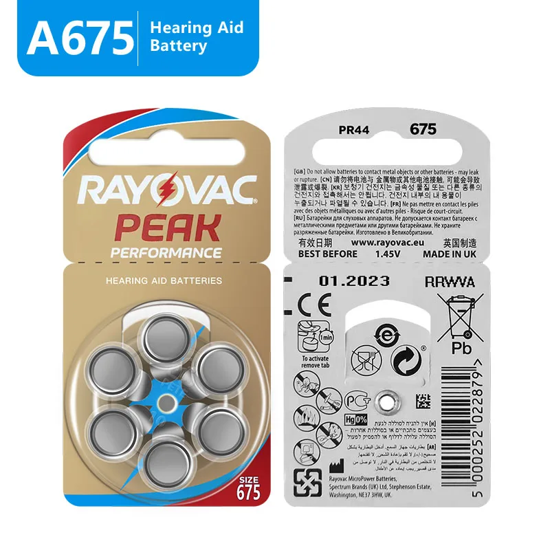 Rayovac PEAK 675/A675 60PCS / 10 Cards Zinc Air Hearing Aid Batteries 1.45V 675A A675 675 PR44 Battery Wholesale Price 
Rayovac PEAK 675/A675 60PCS / 10 Cards Zinc Air Hearing Aid Batteries 1.45V 675A A675 675 PR44 Battery Wholesale Price