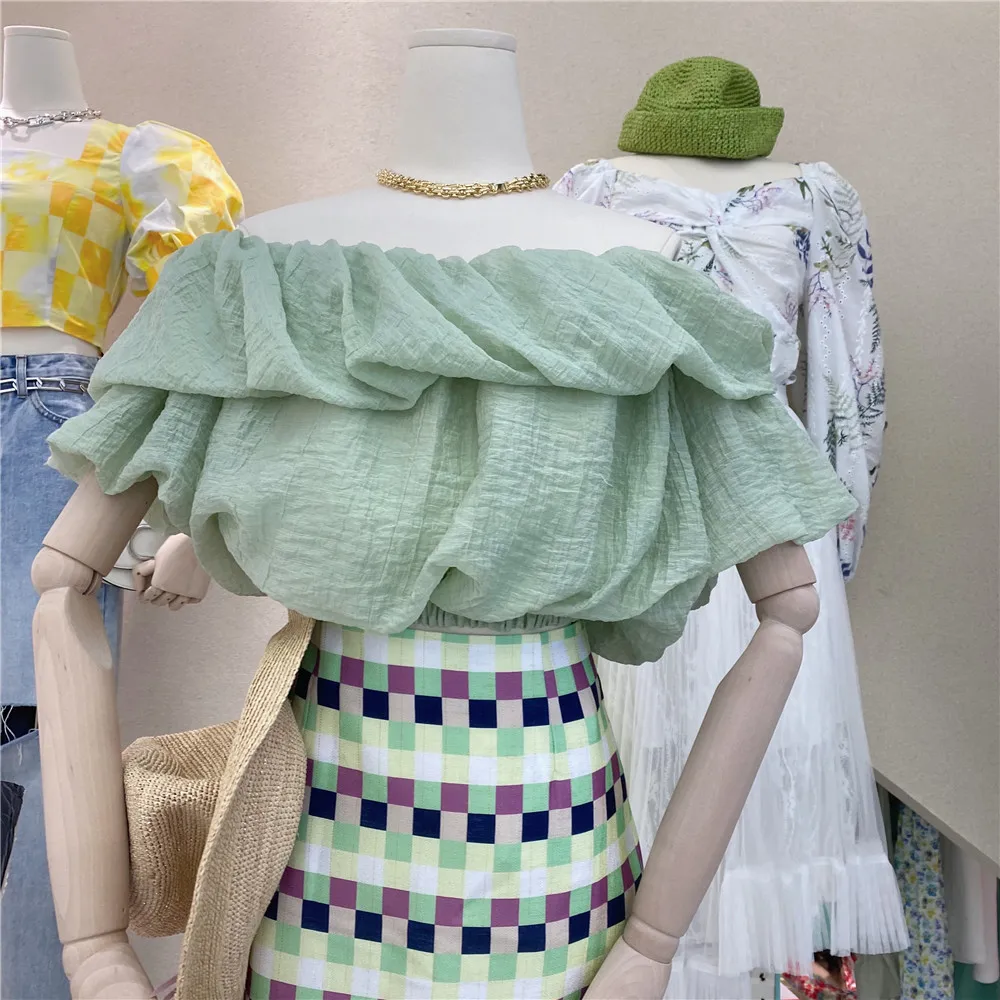 Women's Fashion Slash Shoulder Green Chiffon Shirt Lady Short Puff Sleeve All-match Ruched Top High Street Blouse 
Women's Fashion Slash Shoulder Green Chiffon Shirt Lady Short Puff Sleeve All-match Ruched Top High Street Blouse