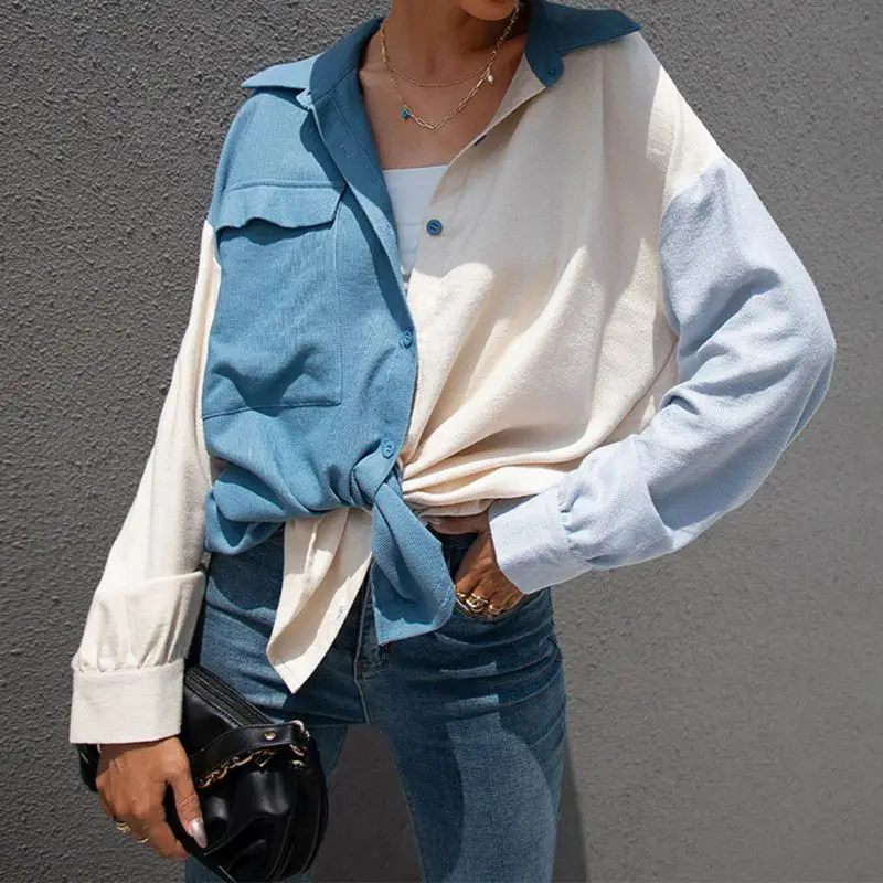 Women Loose Shirt Autumn And Winter New Lapel Two-color Splice Pocket Shirt Female
Women Loose Shirt Autumn And Winter New Lapel Two-color Splice Pocket Shirt Female
