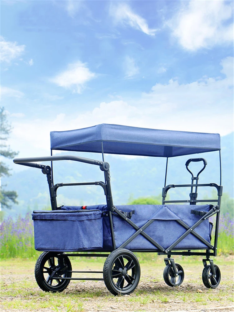 

Folding Wagon Collapsible Garden Cart Trolley for Shopping Camping Outdoor Activities with Canopy Push Hand