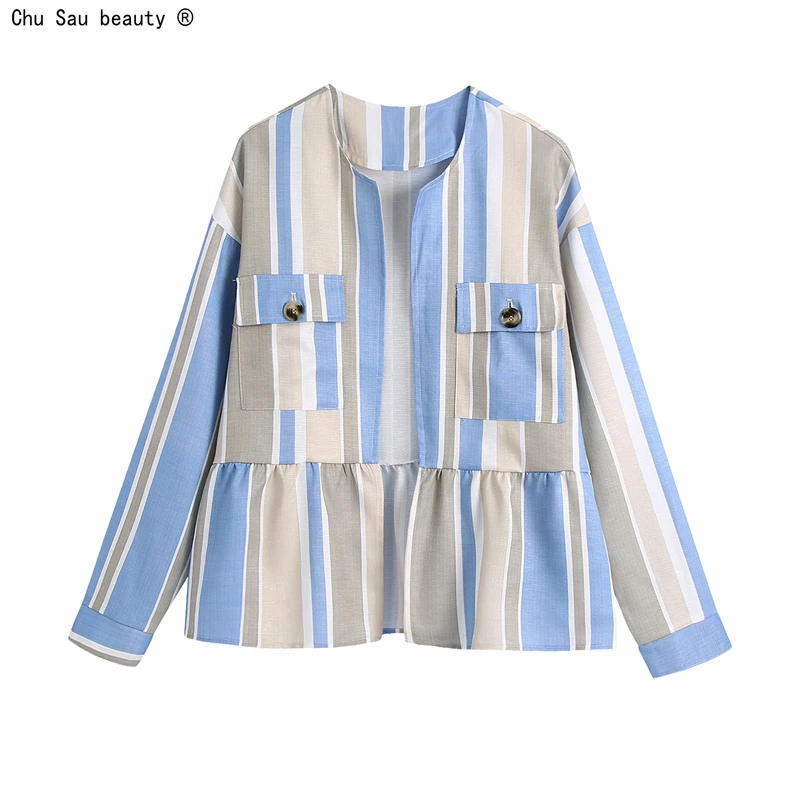 2021 Autumn New Women's O-Neck Vintage Pocket Decoration Long-Sleeved Shirt Jacket Fashion Loose Striped Coat Casual
2021 Autumn New Women's O-Neck Vintage Pocket Decoration Long-Sleeved Shirt Jacket Fashion Loose Striped Coat Casual