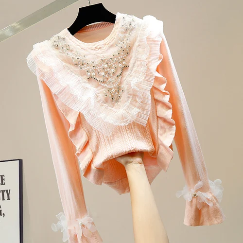 Harajuku White Pink Sweater Women's Beaded Diamond Pleated Fungus Lace Stitching Sweet Flower Horn Sleeve Pull Sweater Jumper
Harajuku White Pink Sweater Women's Beaded Diamond Pleated Fungus Lace Stitching Sweet Flower Horn Sleeve Pull Sweater Jumper
