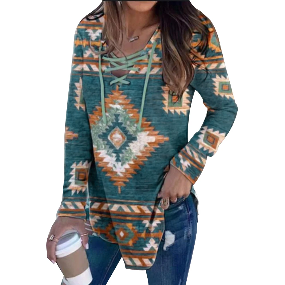 Casual Vogue Lace Up Tops For Women V-Neck Long Sleeve Geometry Print Shirt Spring Autumn Pullover Party Ladies Loose Streetwear
Casual Vogue Lace Up Tops For Women V-Neck Long Sleeve Geometry Print Shirt Spring Autumn Pullover Party Ladies Loose Streetwear