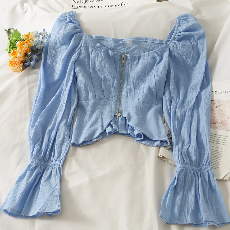 Fashion Korean Blouse Women Long Sleeve Square Collar Solid Slim Tops 2021 New Autumn Casual Streetwear Short Blouses Blue
Fashion Korean Blouse Women Long Sleeve Square Collar Solid Slim Tops 2021 New Autumn Casual Streetwear Short Blouses Blue