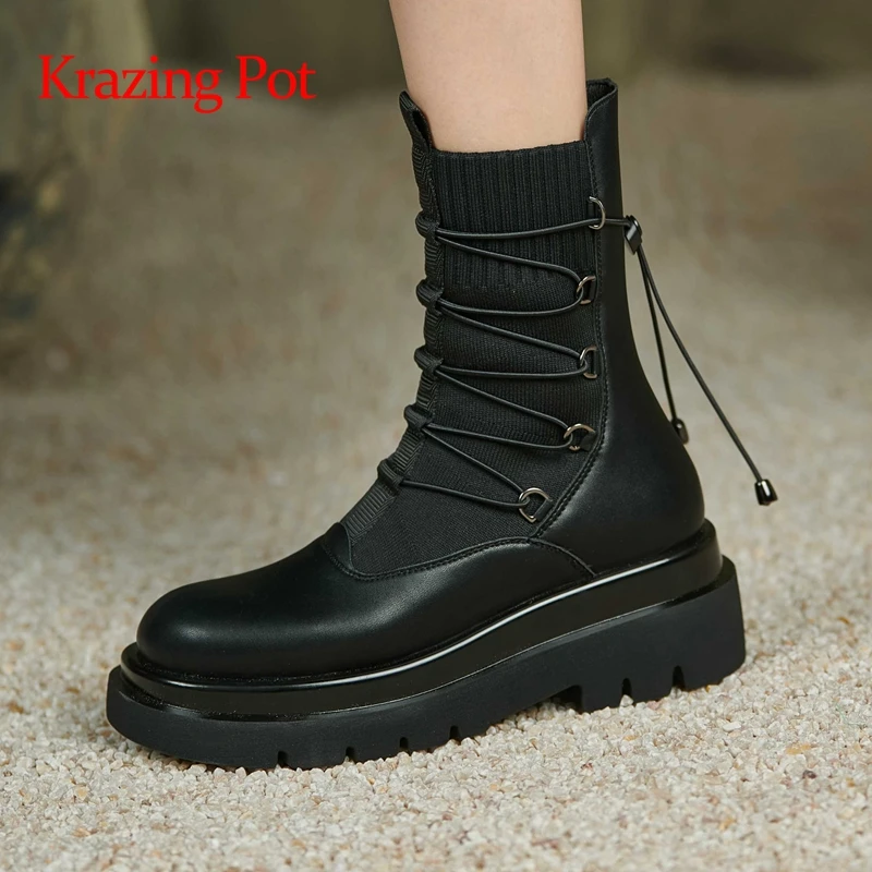 Krazing Pot cow leather round toe thick bottom knitting boots cross-tied classic black all-mach winter cozy mid-calf boots L17
Krazing Pot cow leather round toe thick bottom knitting boots cross-tied classic black all-mach winter cozy mid-calf boots L17