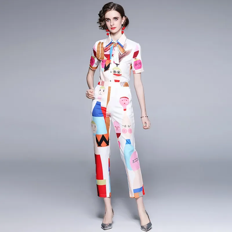2021 summer Fashion women Cartoon Print Suits Women's Vintage Bow Short Sleeve Tops+ Slim Pencil Pants 2 Piece Set
2021 summer Fashion women Cartoon Print Suits Women's Vintage Bow Short Sleeve Tops+ Slim Pencil Pants 2 Piece Set