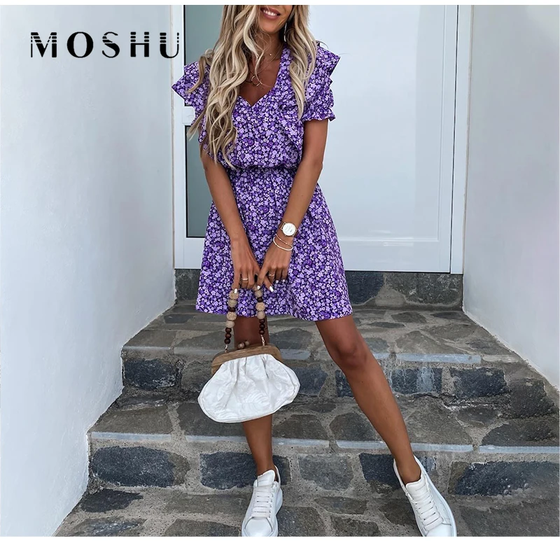 Boho Floral Summer Dress 2021 Elegant Beach Short Sundress Sexy V Neck Ruffle Print Party Clothing Female Sleevelesss Mini Dress 
Boho Floral Summer Dress 2021 Elegant Beach Short Sundress Sexy V Neck Ruffle Print Party Clothing Female Sleevelesss Mini Dress