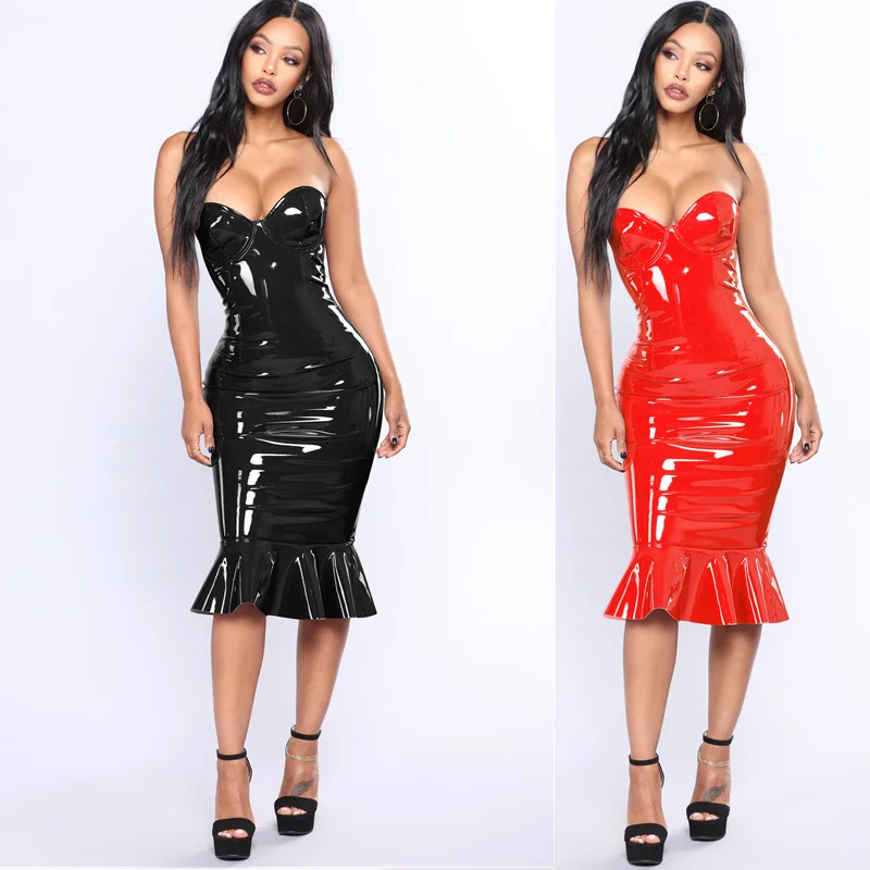 S-6XL Plus Size Red Black PVC Wet look Leather Strapless Ruffle Mermaid Bodycon Dresses Women Sexy Off Shoulder Club Party Dress
S-6XL Plus Size Red Black PVC Wet look Leather Strapless Ruffle Mermaid Bodycon Dresses Women Sexy Off Shoulder Club Party Dress