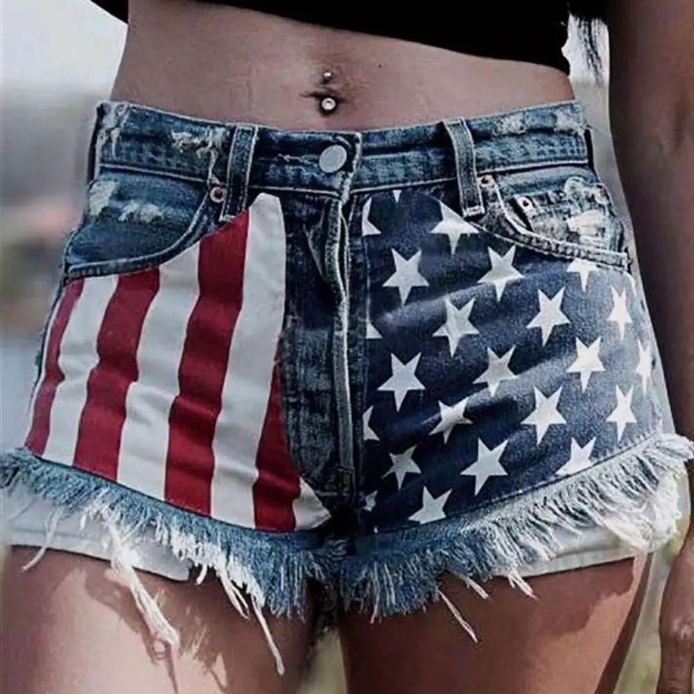 

Summer Women American Flag Print Tassels Pockets Holes Denim Shorts Clubwear for Daily Life High Waist Fashion Shorts