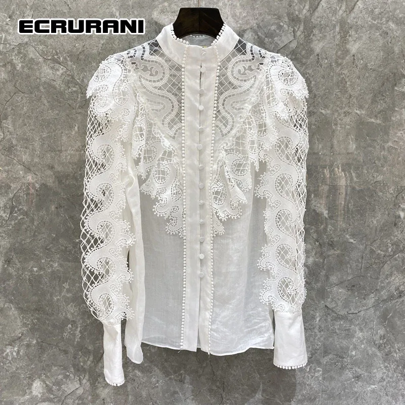 ECRURANI White Patchwork Lace Shirt For Women Stand Collar Long Sleeve Elegant Casual Blouse Female Fashion New Clothing Spring
ECRURANI White Patchwork Lace Shirt For Women Stand Collar Long Sleeve Elegant Casual Blouse Female Fashion New Clothing Spring