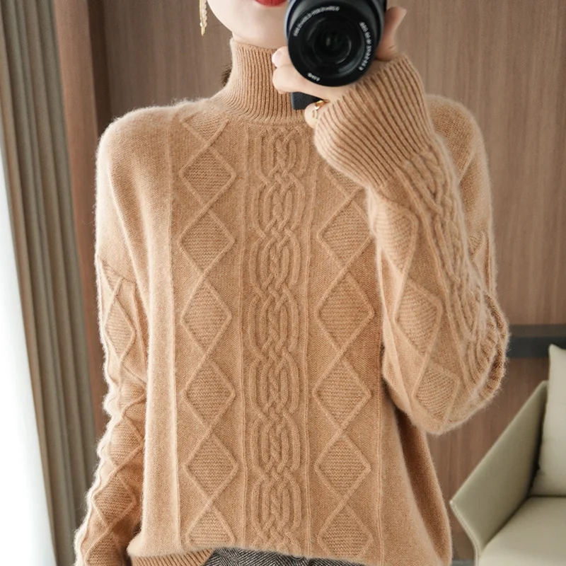 

2121 Autumn/Winter Cashmere Sweater Woman High neck Pullover 100% Pure Wool Casual Knitted Tops Female Jacket Korean Fashion