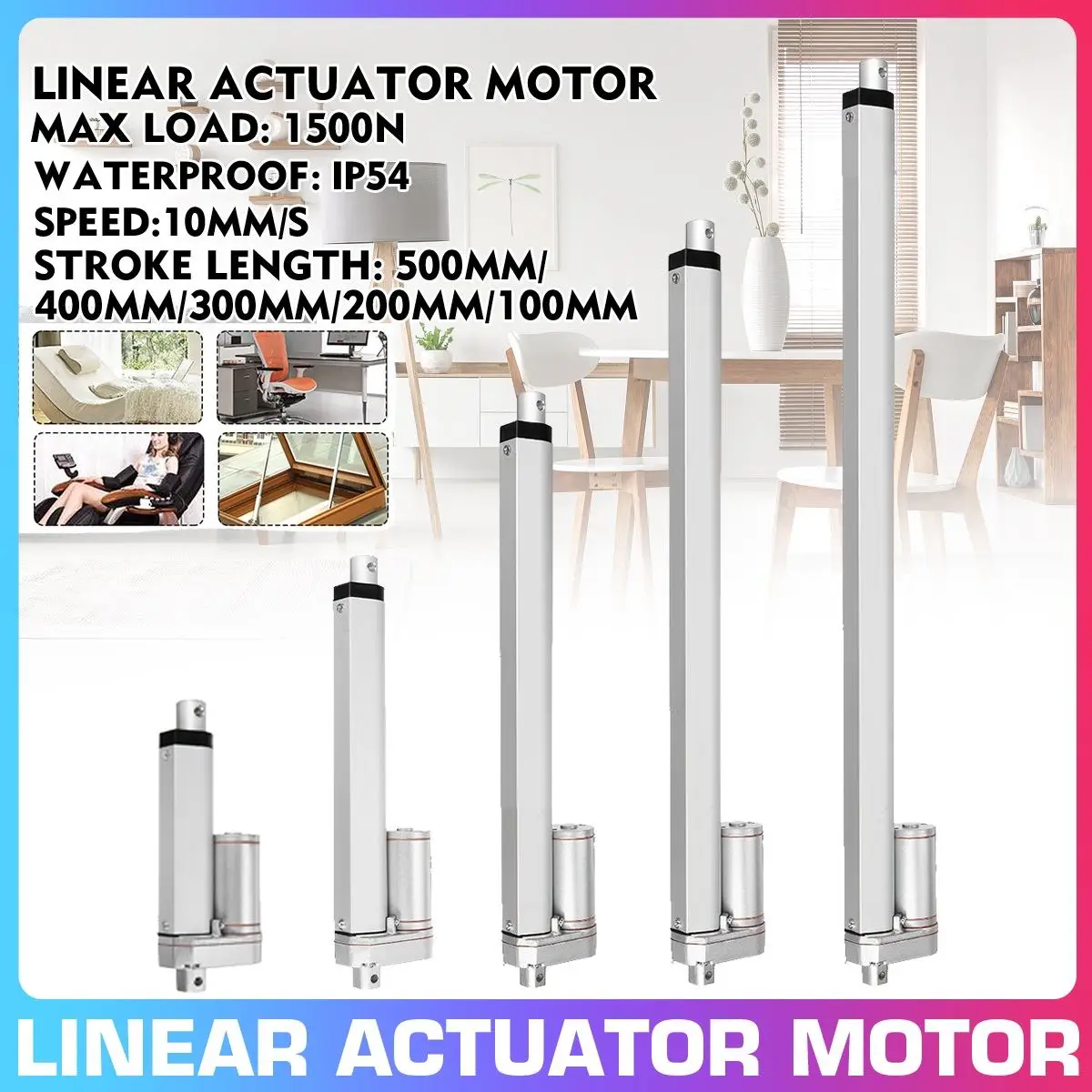 1500N Aluminum alloy Linear Actuator Motor IP54 DC 12V Electric Motor Linear Actuator Stroke 100mm 200mm 300mm 400mm 500mm
1500N Aluminum alloy Linear Actuator Motor IP54 DC 12V Electric Motor Linear Actuator Stroke 100mm 200mm 300mm 400mm 500mm