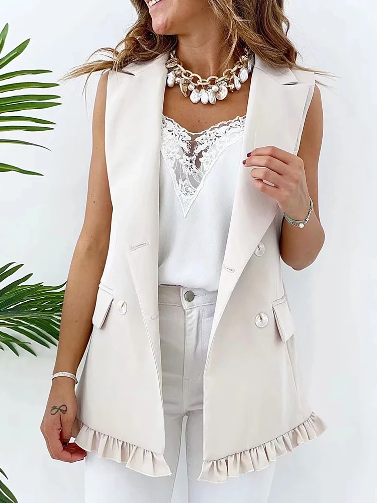 SLMD Stylish Chic Khaki Ruffles Double Breasted Vest Coat Women 2021 Fashion Pockets Waistcoat Female Casual Outfitsar | Женская одежда