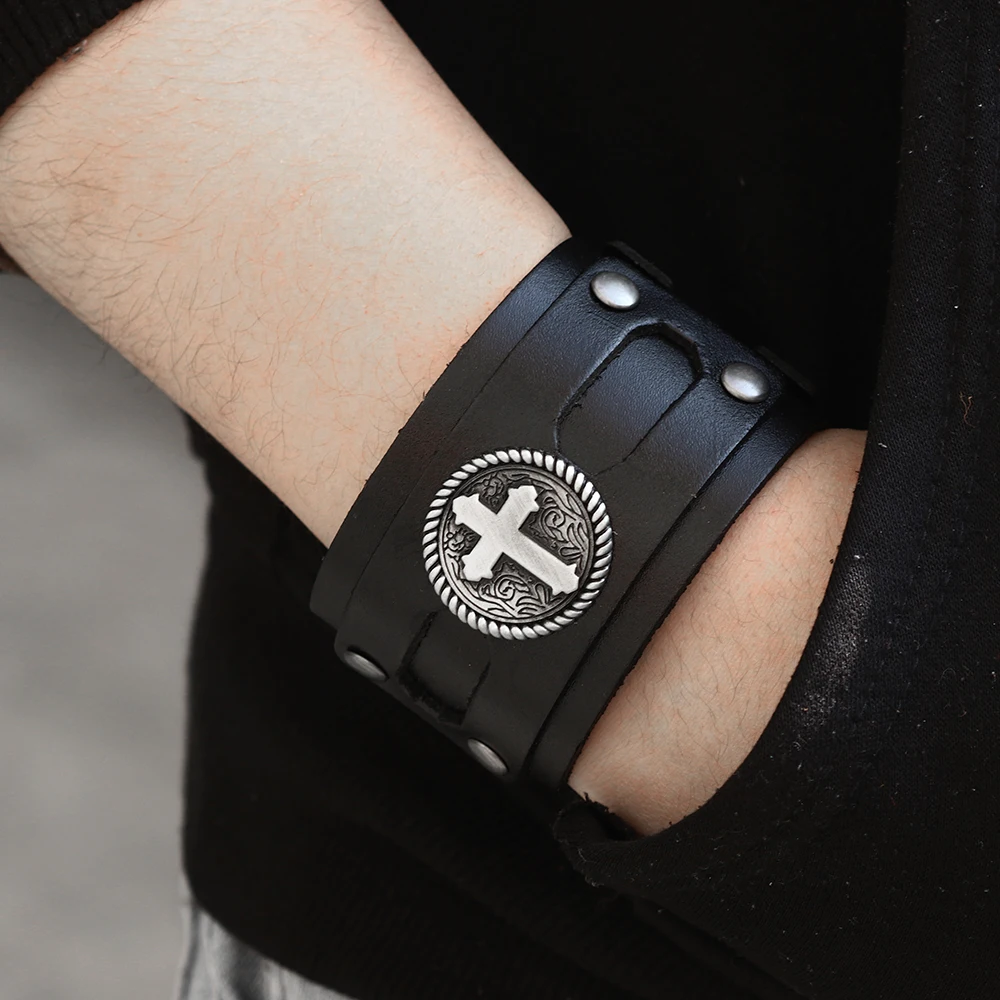Punk New Fashion Bracelet Cowhide Bracelet Cross Wide Leather Bracelet Men's Black Brown Leather Bracelet
Punk New Fashion Bracelet Cowhide Bracelet Cross Wide Leather Bracelet Men's Black Brown Leather Bracelet
